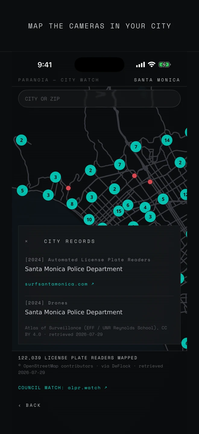 City Watch map of Santa Monica with clustered surveillance markers and sourced city records for the police department's license plate readers and drones.